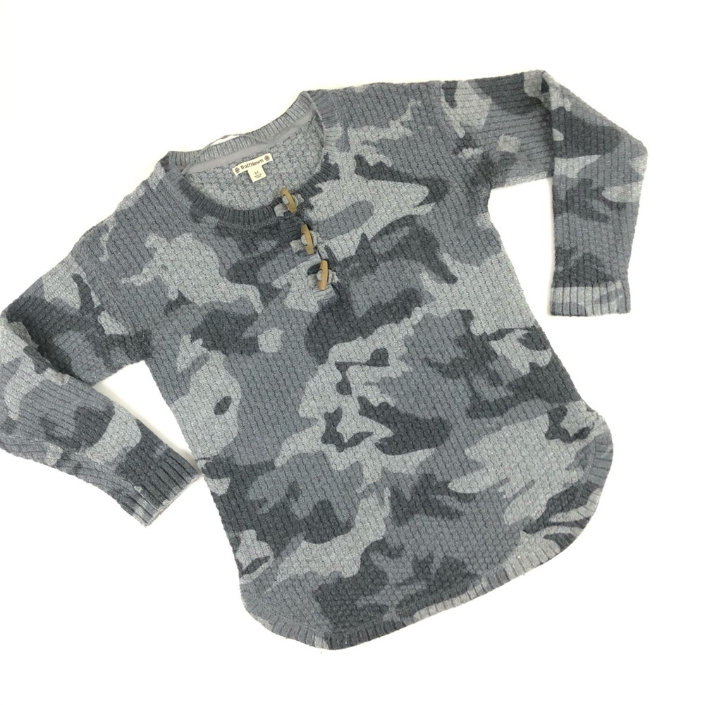Ruff Hewn Camo Print Wool Sweater Wood Buttons M